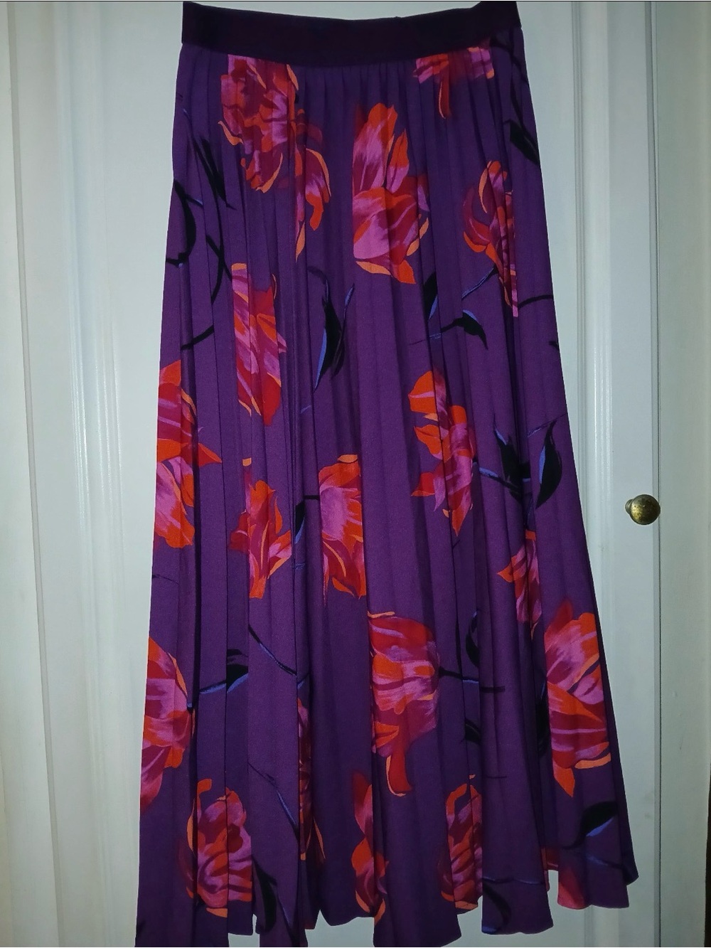 a new day Purple Floral Pleated Maxi Skirt with Red-Orange Blooms